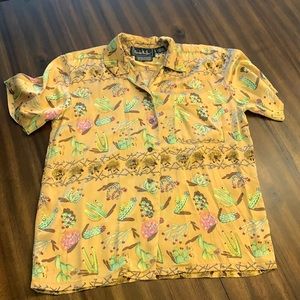 Nicole Miller short sleeve silk button down cactus shirt